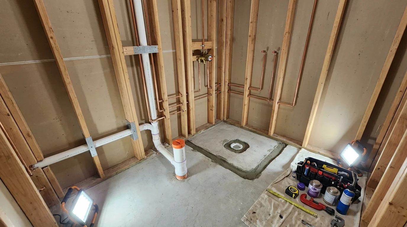 Bathroom rough-in plumbing during remodel by Johns Plumbing LLC in Barberton
