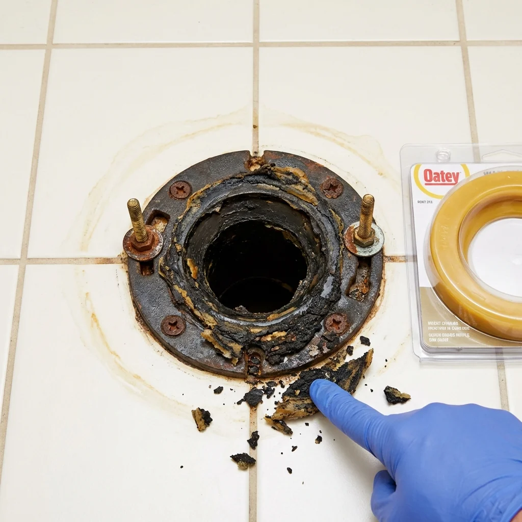 Failed wax ring showing water seepage at the base of a toilet in a Barberton, OH home