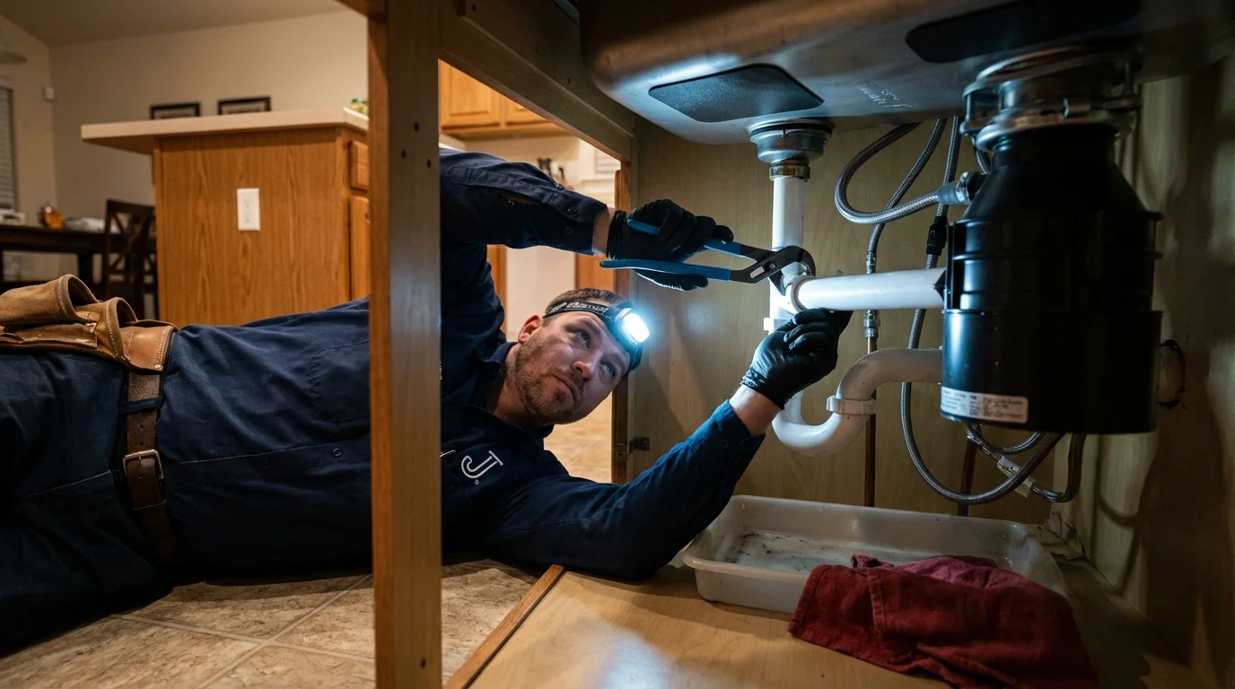 P-trap and supply line connections under a kitchen sink showing a common leak point in Barberton, OH